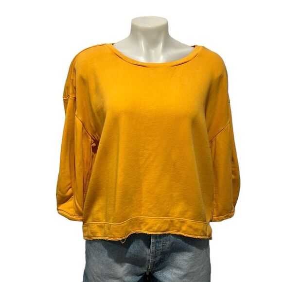 By Anthropologie gold pullover crewneck 3/4 sleeve puff sleeve sweatshirt Large - Picture 1 of 9